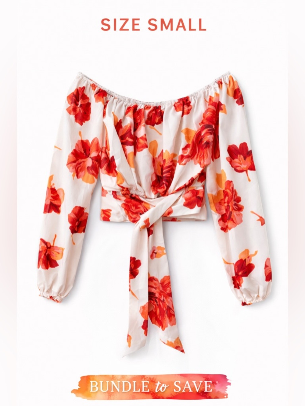 SHEIN Floral Off Shoulder Crop Top Tie Front Blouse Size Small ❤️🧡🌸